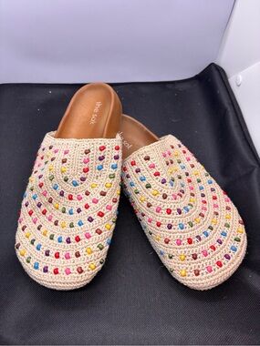 The Sak Beige Crochet Slip-On Mules with Multicolor Beads